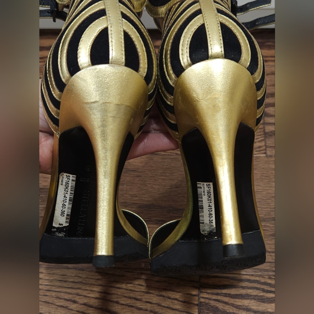 StellaLuna Gold Wings Leather Double Buckle Strap Heel Sandals - Picture 14 of 16